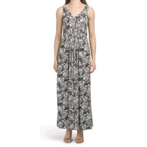 Nicole Miller black and white tropical print pleated maxi dress Size large